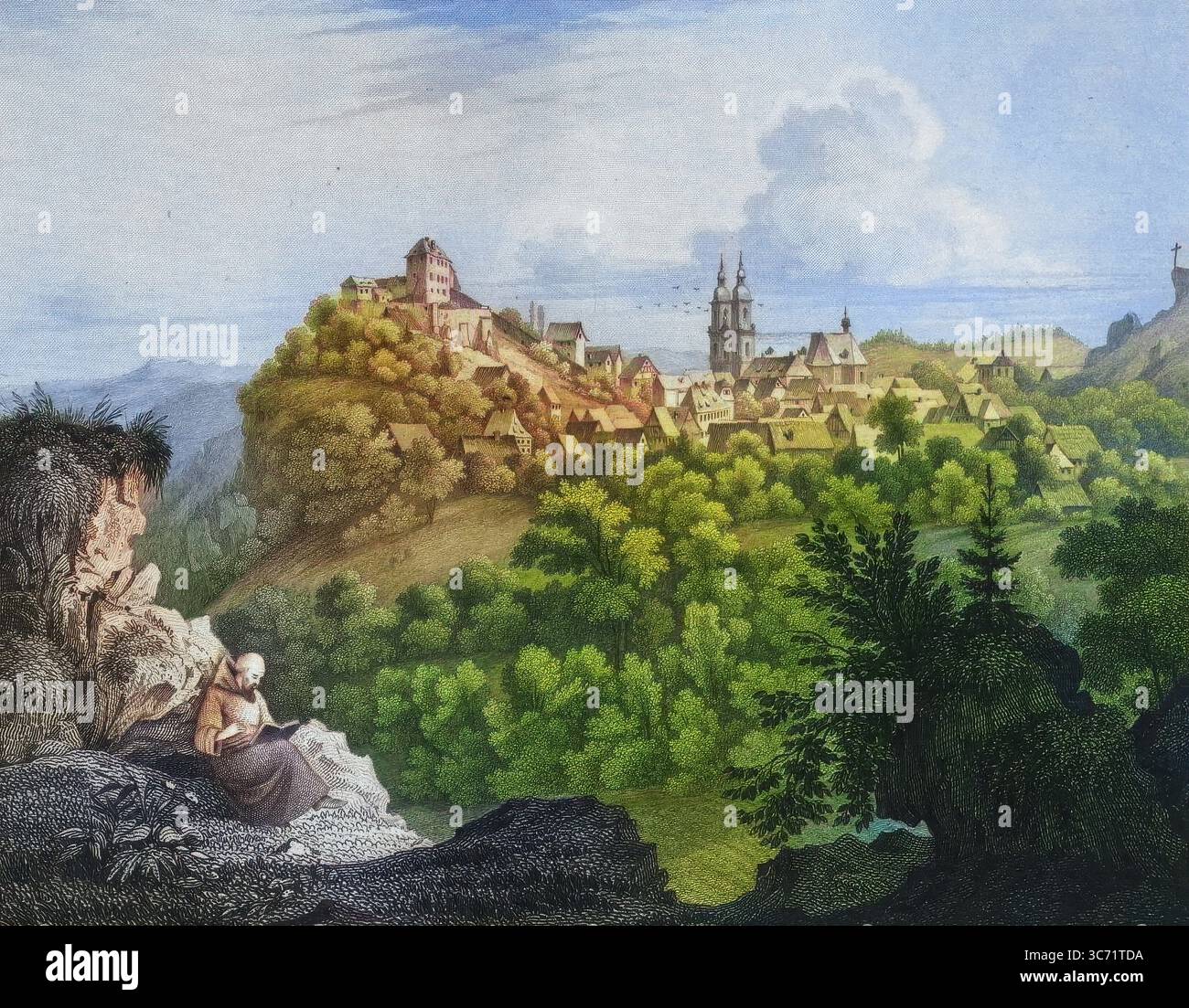 Château, église et village de Gößweinstein vers 1850, Suisse franconienne, district de Forchheim, haute-Franconie, Bavière, Allemagne, reproduction améliorée numériquement à partir d'un original du XIXe siècle, coloré, historique, date exacte inconnue Banque D'Images