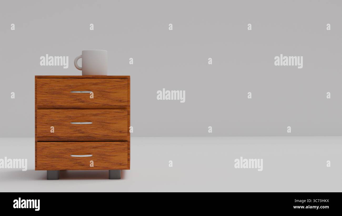 Table de chevet en bois avec trois tiroirs et porte-gobelets blancs sur la table de chevet sur un fond gris à l'intérieur, modèle 3D isolé de meubles pour moi Banque D'Images