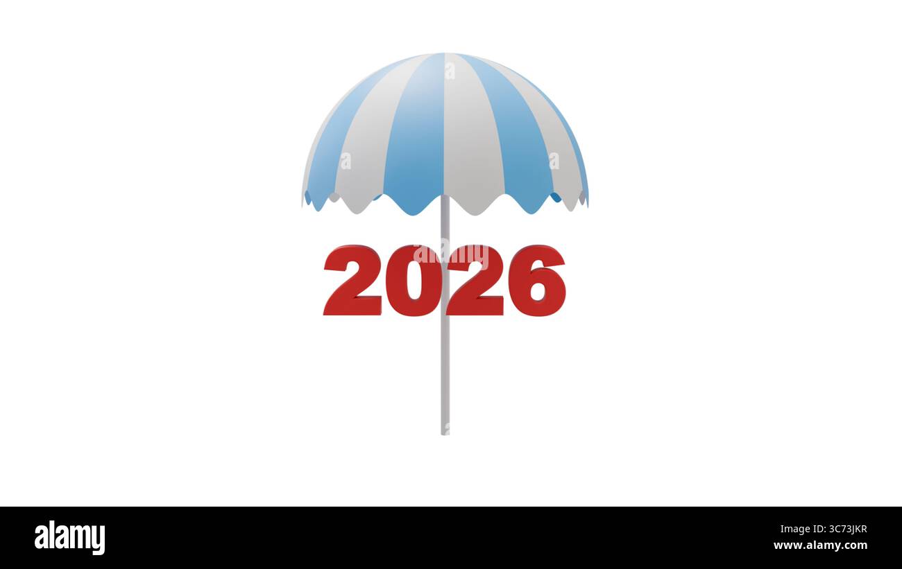 Parasol rayé blanc et bleu et l'année 2026 rouge sur fond blanc pour les modèles et les mises en page sur le thème de l'été, saison de plage en 20 Banque D'Images