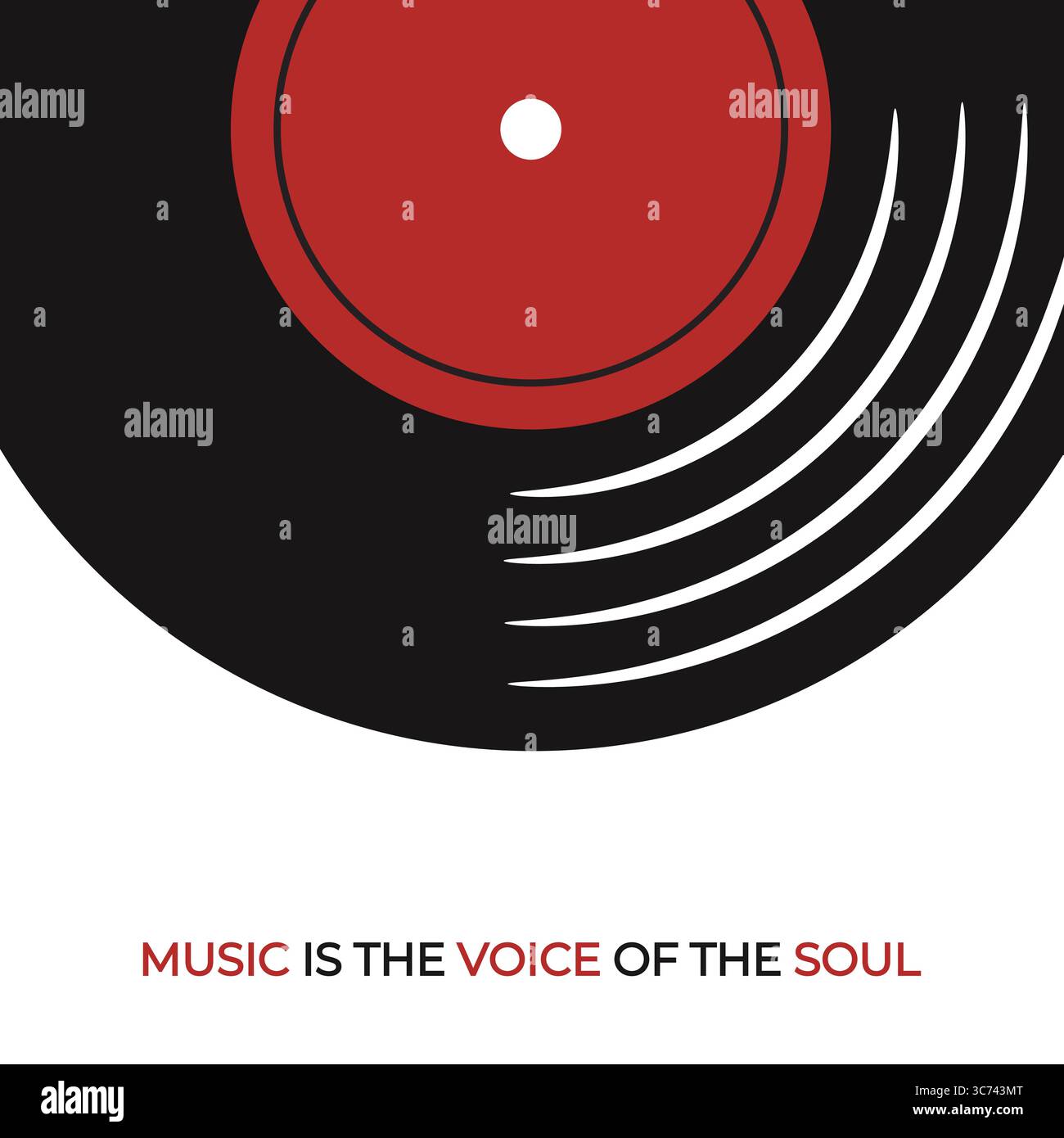 Affiche de musique vectorielle minimaliste avec une moitié de disque vinyle plat et citation inspirante la musique est la voix de l'âme Illustration de Vecteur