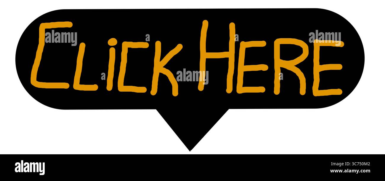 Bulle de discours noire avec le texte cliquez ici écrit en orange. Flèche vers le bas. Icône. Illustration. Internet. Banque D'Images