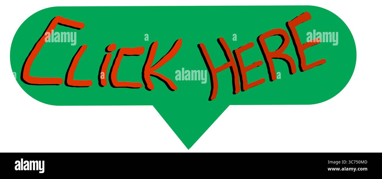 Bulle de discours verte avec le texte cliquez ici écrit en rouge. Flèche vers le bas. Icône. Illustration. Internet Banque D'Images