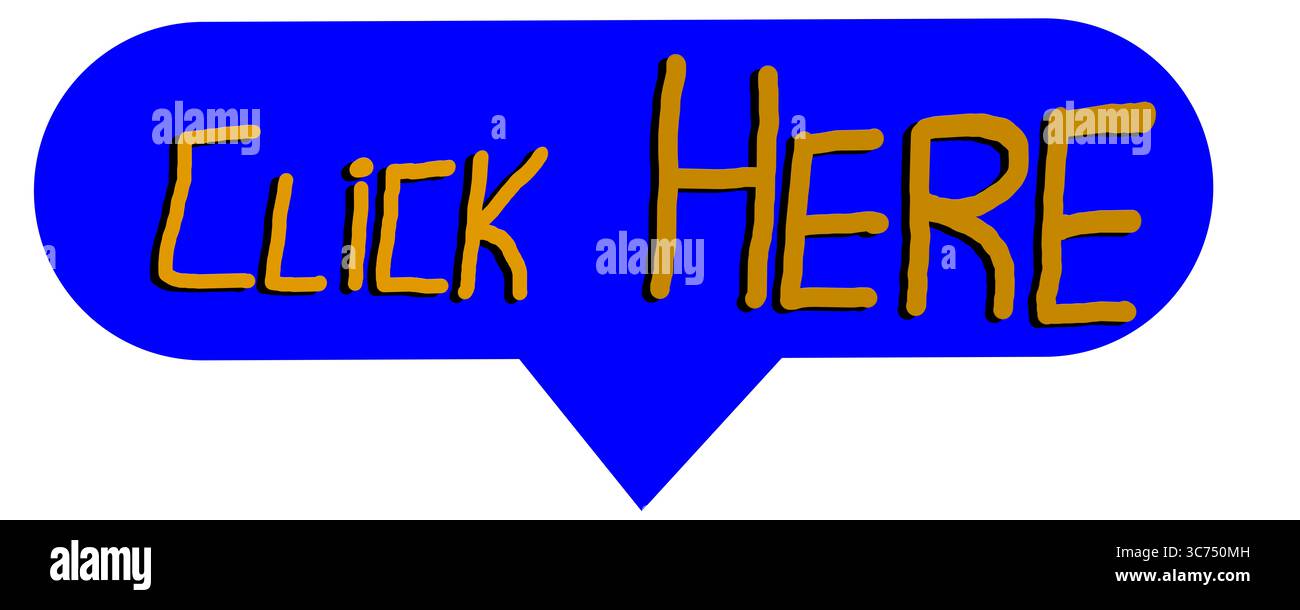 Bulle de discours bleue avec le texte cliquez ici écrit en orange. Flèche vers le bas. Icône. Illustration. Internet Banque D'Images