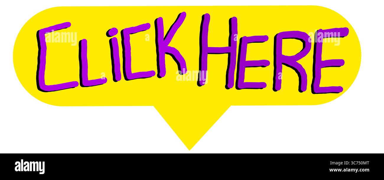 Bulle de discours jaune avec le texte cliquez ici écrit en lilas. Flèche vers le bas. Icône. Illustration. Internet Banque D'Images