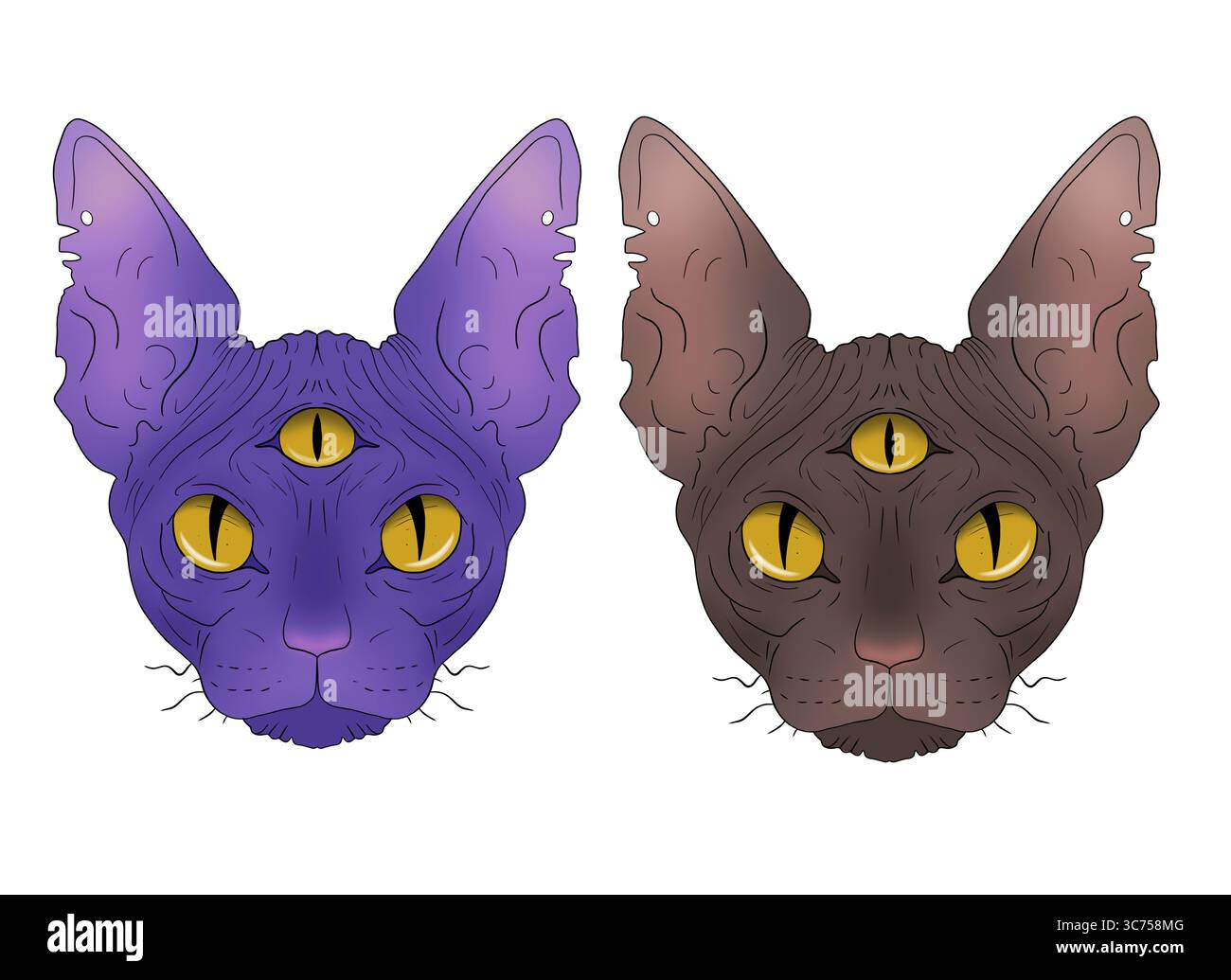 Visages de chat mystiques sphynx avec trois yeux dorés, versions violet et marron, sur fond blanc. Idéal pour les imprimés mystiques, la mode alternative, ou m Banque D'Images