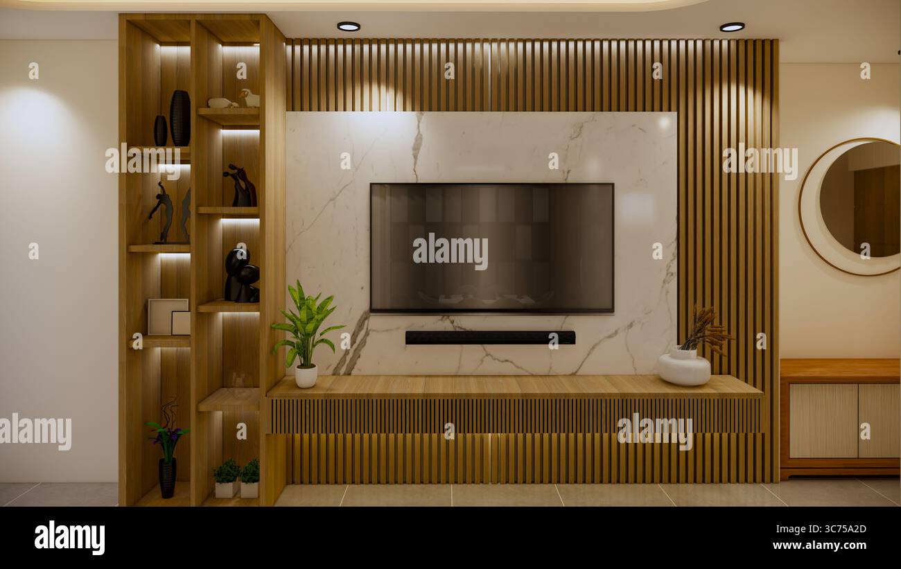 Le salon Eleganyt Modern dispose d'une télévision élégante avec étagères en bois et mur d'accent en marbre, créant une ambiance chaleureuse. Banque D'Images