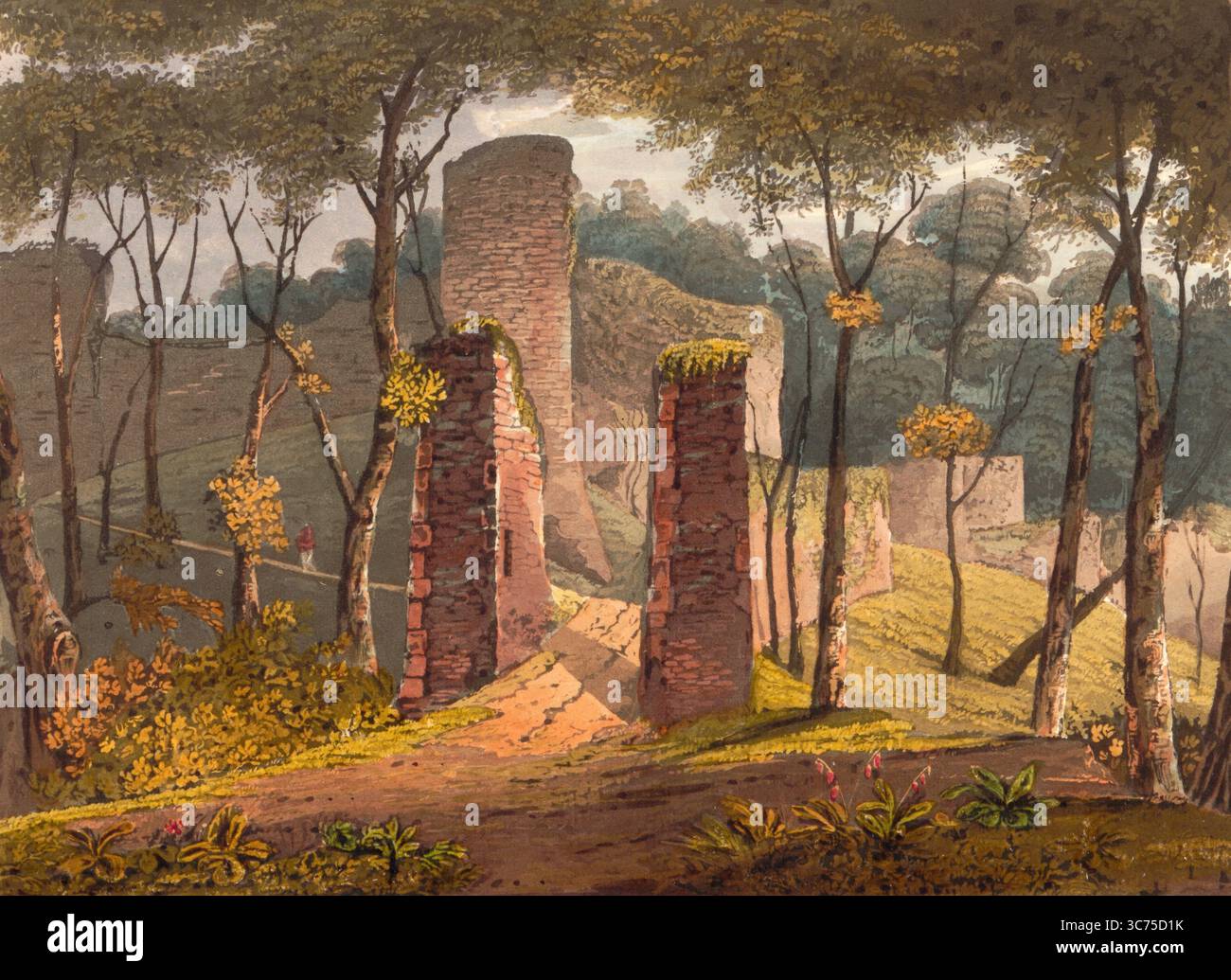 Entrée au château de Conisbrough, une forteresse médiévale à Conisbrough, South Yorkshire, Angleterre, construite à l'origine au 11ème siècle par William de Warenne, le comte de Surrey, après la conquête normande de l'Angleterre en 1066., vers 1850, d'après une peinture de Theodore Henry Adolphus Fielding, reproduction numérique améliorée, historique, date exacte inconnue Banque D'Images