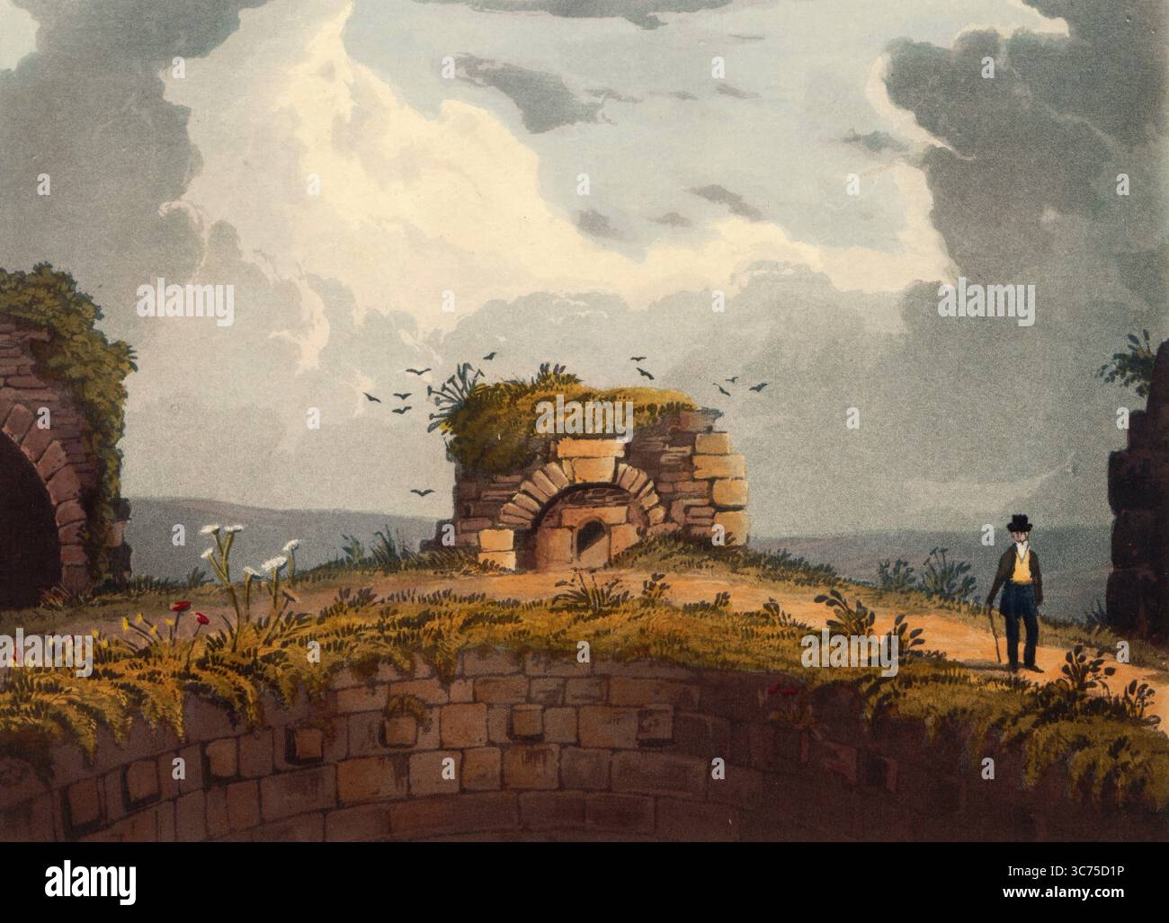 Four sur la colline du château de Conisbrough, une forteresse médiévale à Conisbrough, Yorkshire du Sud, Angleterre. Le château a été construit au XIe siècle par William de Warenne, comte de Surrey, à la suite de la conquête normande de l'Angleterre en 1066., vers 1850, d'après une peinture de Théodore Henry Adolphus Fielding, reproduction numérique améliorée, historique, date exacte inconnue Banque D'Images