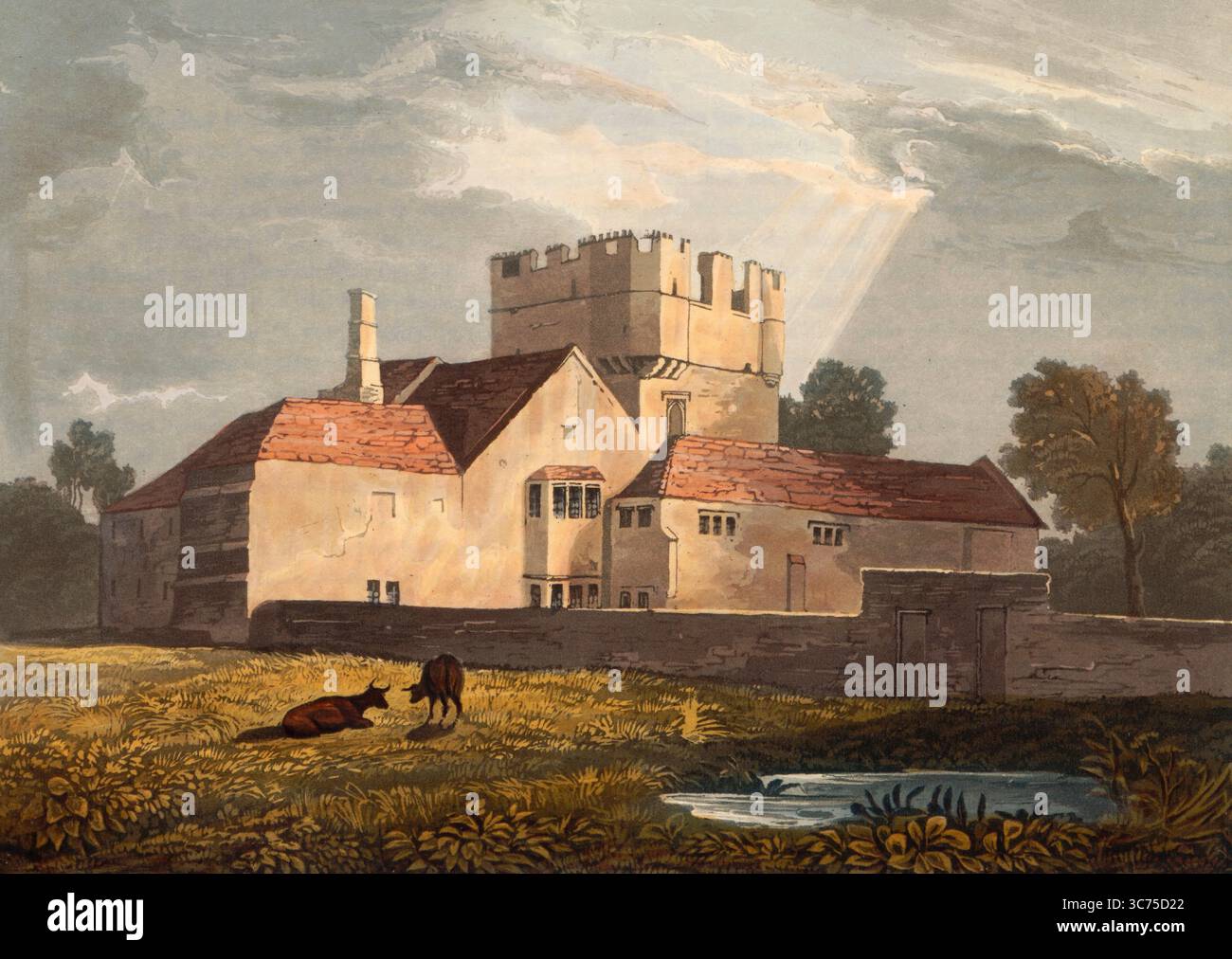 Mortham Tower, une ferme fortifiée et tour de pèle du règne du roi Henri VII (1485-1509) à la frontière entre Durham et North Yorkshire, Angleterre, vers 1850, d'après une peinture de Theodore Henry Adolphus Fielding, reproduction numérique améliorée, historique, date exacte inconnue Banque D'Images