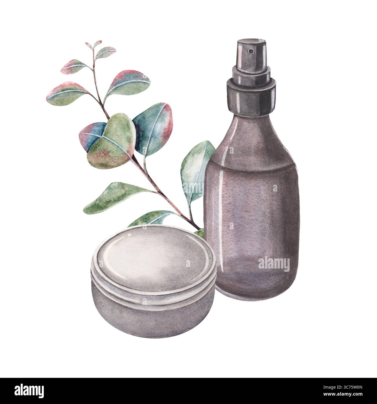 Vaporisateur, boîte, branche d'eucalyptus. Illustration aquarelle peinte à la main isolée sur fond blanc. Idéal pour les emballages cosmétiques de parfums solides Banque D'Images