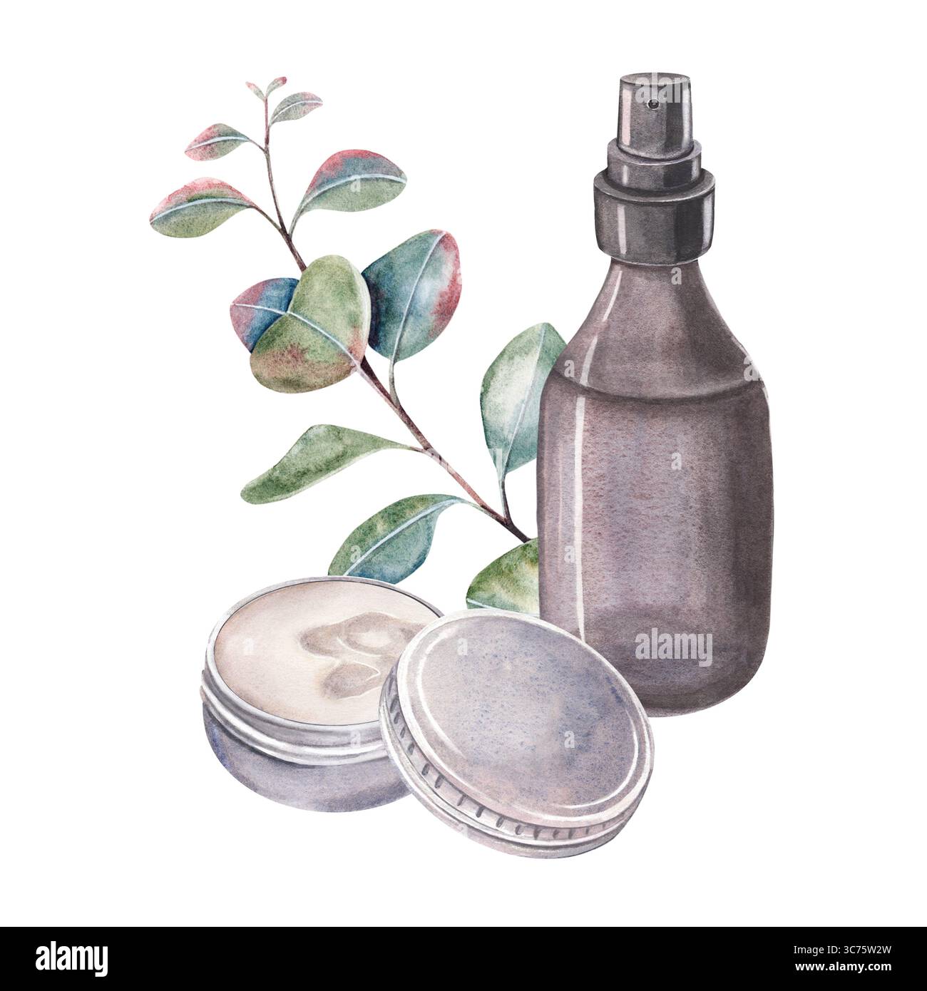 Flacon pulvérisateur, boîte ouverte, branche d'eucalyptus. Illustration d'aquarelle peinte à la main isolée sur fond blanc pour l'emballage cosmétique, solide de parfum Banque D'Images