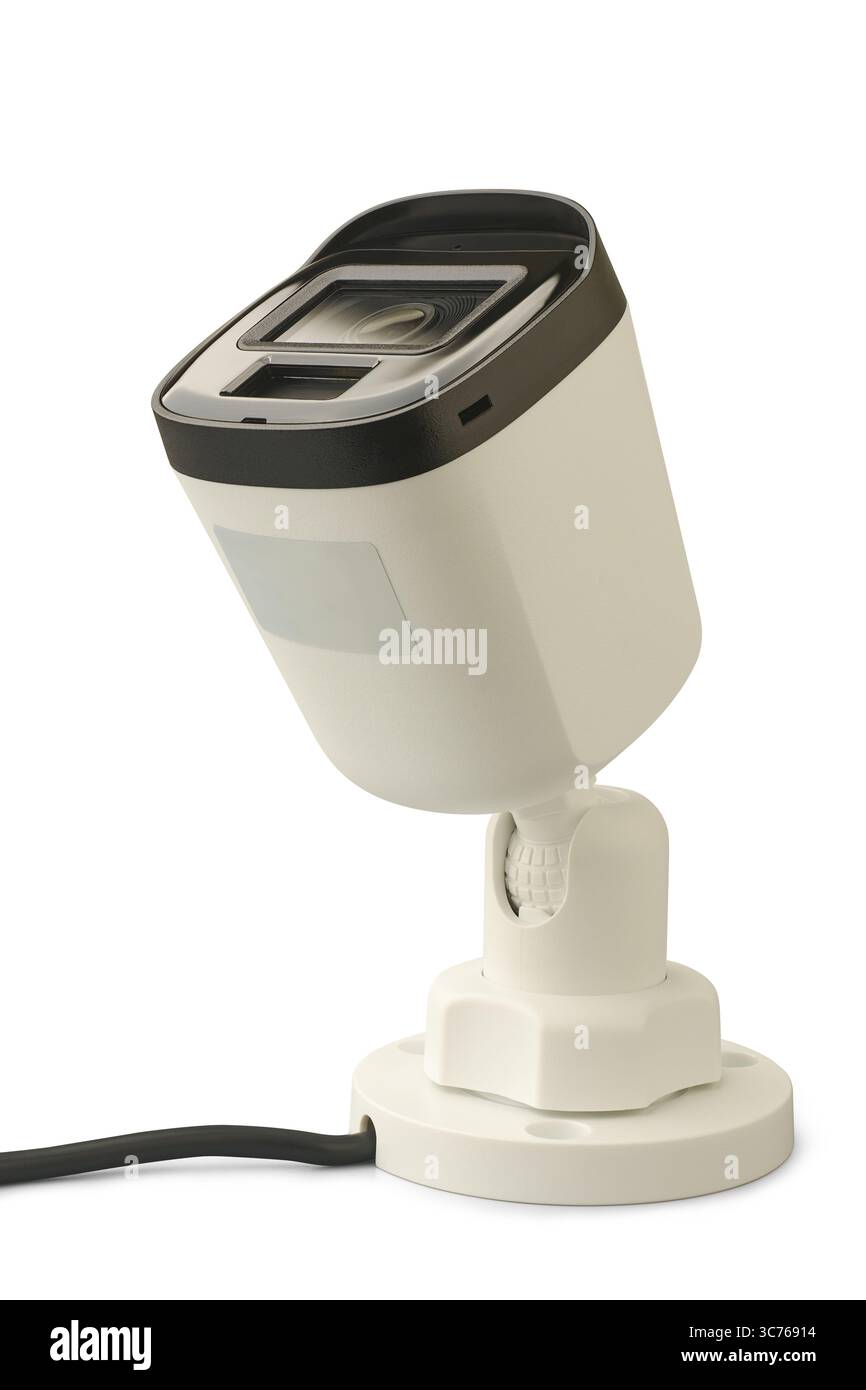 Fond blanc isolé de caméra de sécurité ou de surveillance de style balle, vue latérale de l'équipement de vidéosurveillance avec LED infrarouge pour modèle de maquette de vision nocturne Banque D'Images