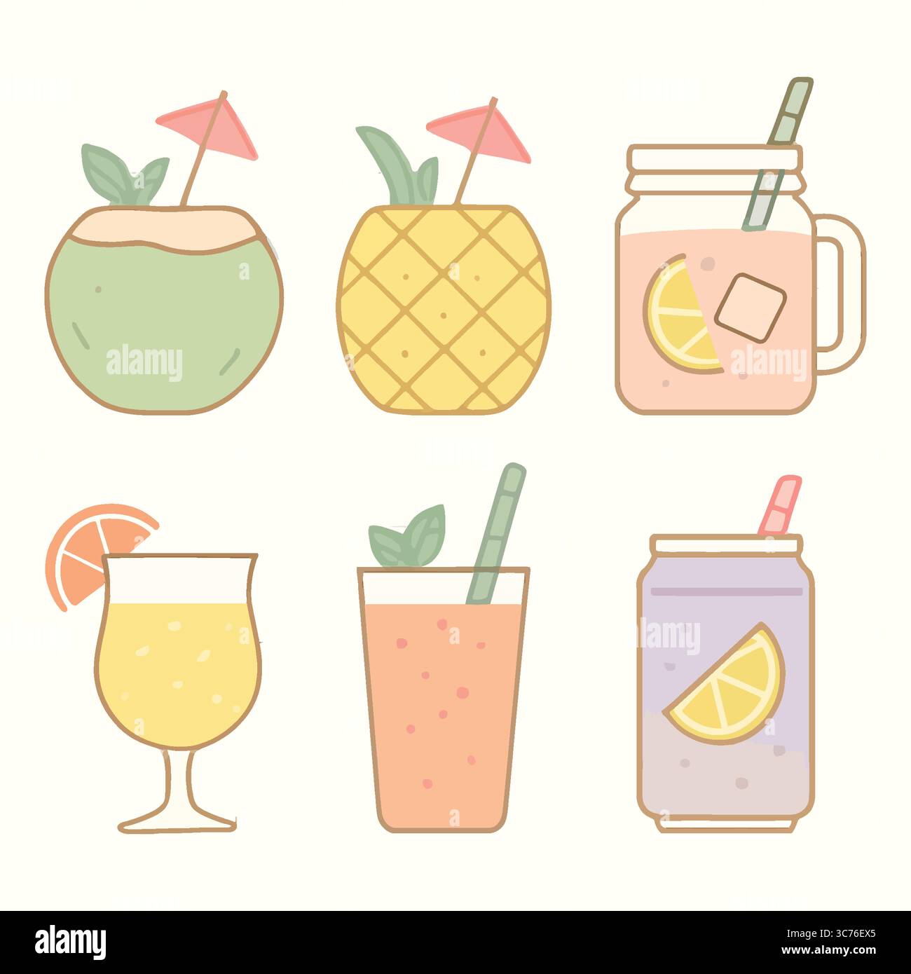 Icônes de boissons tropicales : illustration de cocktails d'été et de boissons rafraîchissantes, collection de six illustrations de boissons estivales distinctes, mettant en vedette un coco Illustration de Vecteur