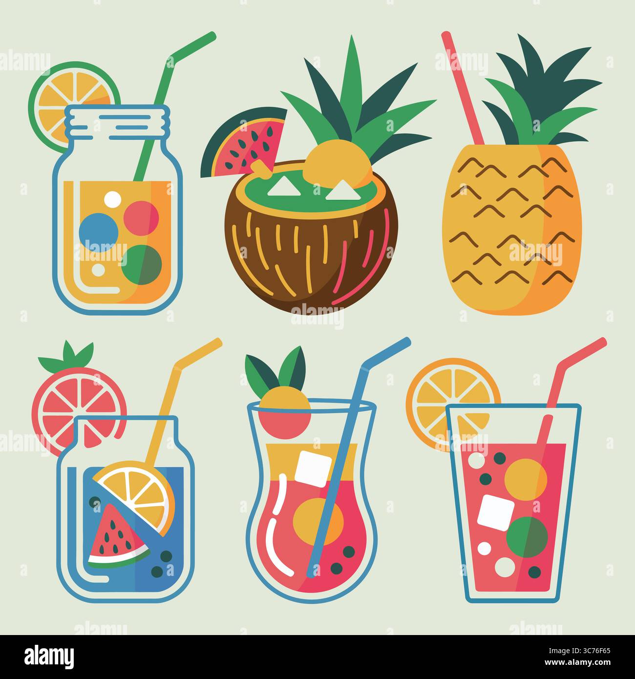 Cocktails d'été : boissons tropicales, bocaux Mason et boissons rafraîchissantes, collection d'illustrations de style plat avec une variété de cocktails d'été Illustration de Vecteur