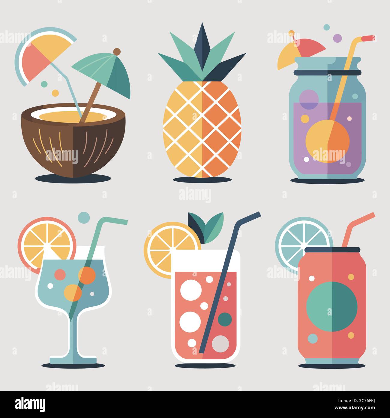 Cocktails tropicaux : icônes de boisson d'été et éléments de design d'ananas Illustration de Vecteur