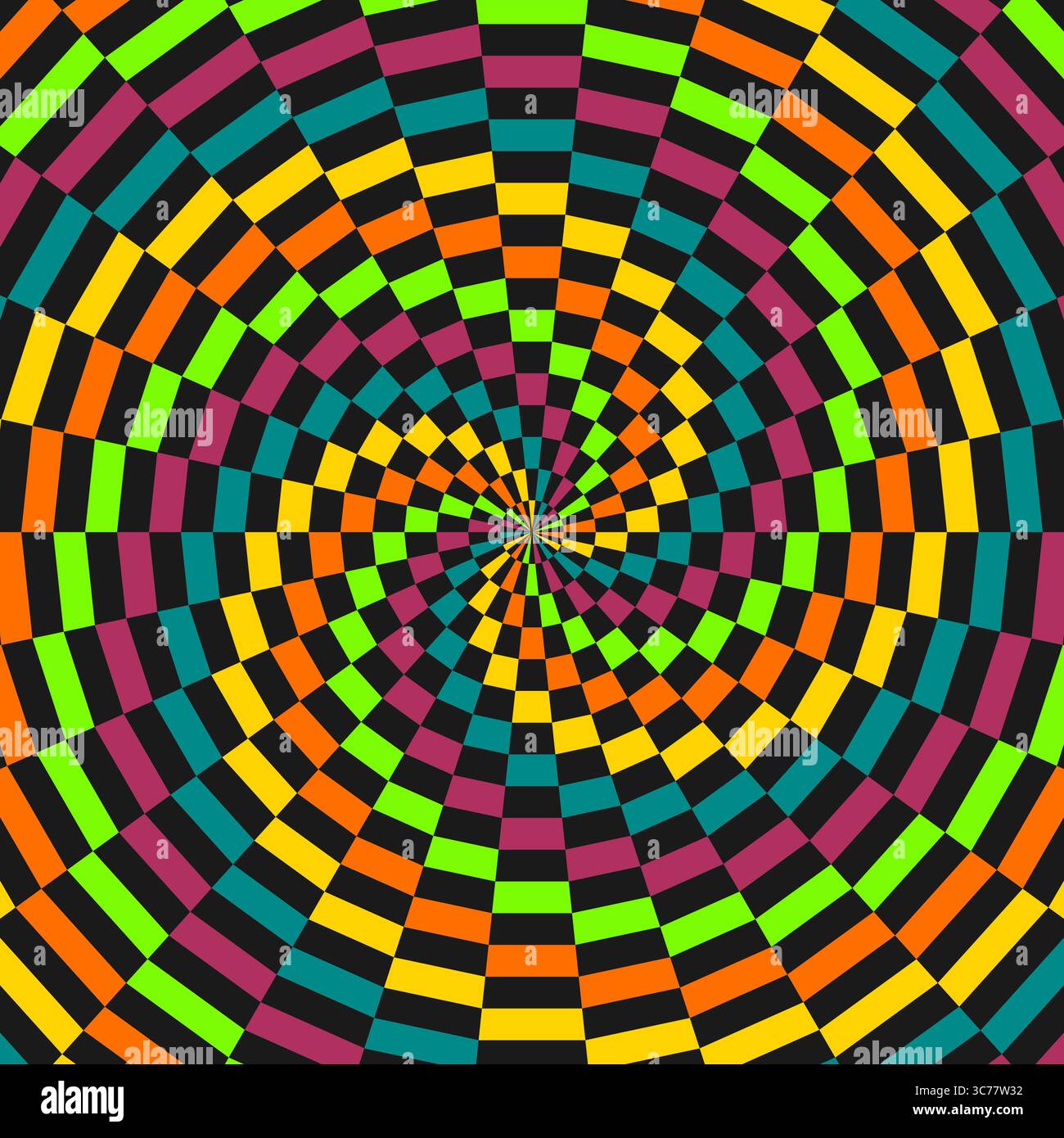 Rafale de soleil rétro ou tourbillon de rayon de soleil avec un style pixelisé coloré dans un design funk pop. Banque D'Images