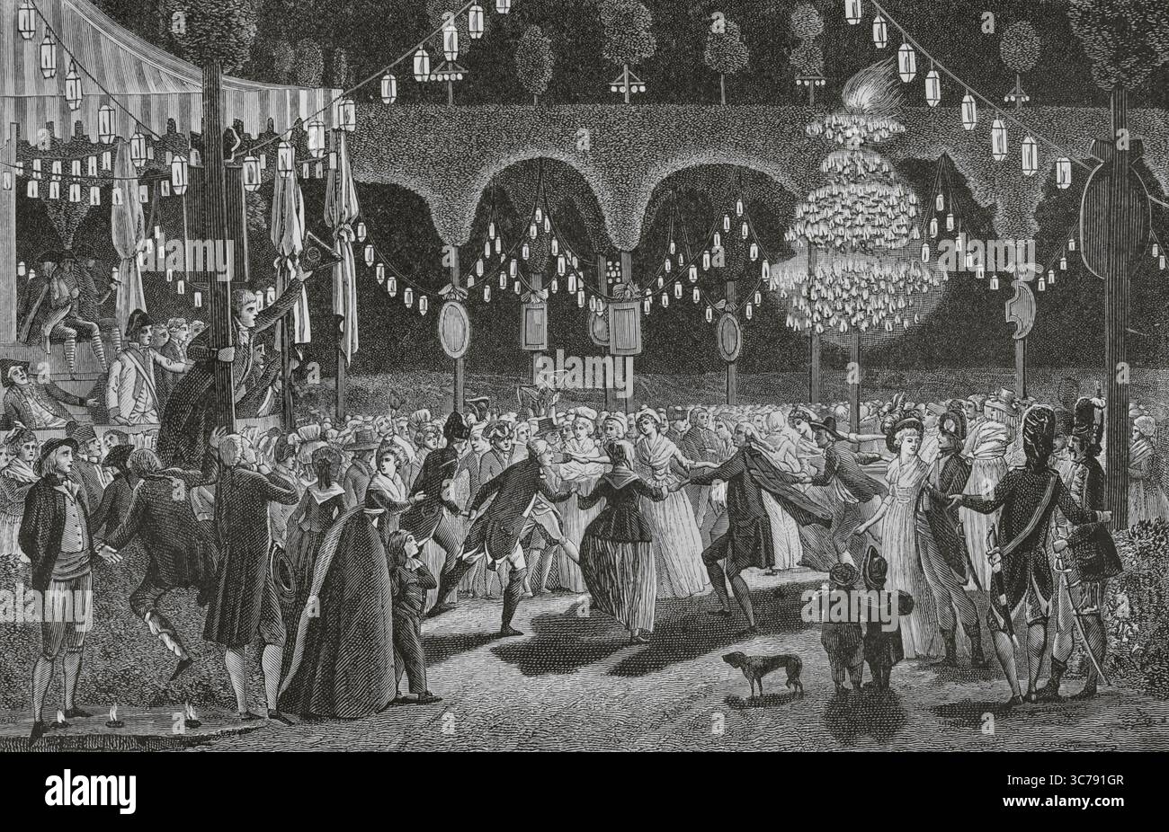 'Ici l'on danse ?' (Dansons-nous ici ?). Bal du Bastille Day. Danse publique sur les ruines de la Bastille Saint-Antoine à Paris, France, dans la soirée du 14 juillet 1790. Les Français célébraient le premier anniversaire de la prise de la Bastille. Illustration de Swebach-Desfontaines (1769-1823). Gravure de Lecoeur (fl. 1784-1825). Directoire, Consulat et Empire. Moeurs et usages, lettres, sciences et arts. France, 1795-1815' (Annuaire, Consulat et Empire de France. Coutumes et traditions, lettres, sciences et art. France, 1795-1815), de Paul Lacroix. Publié à Paris, 1884. Aut Banque D'Images