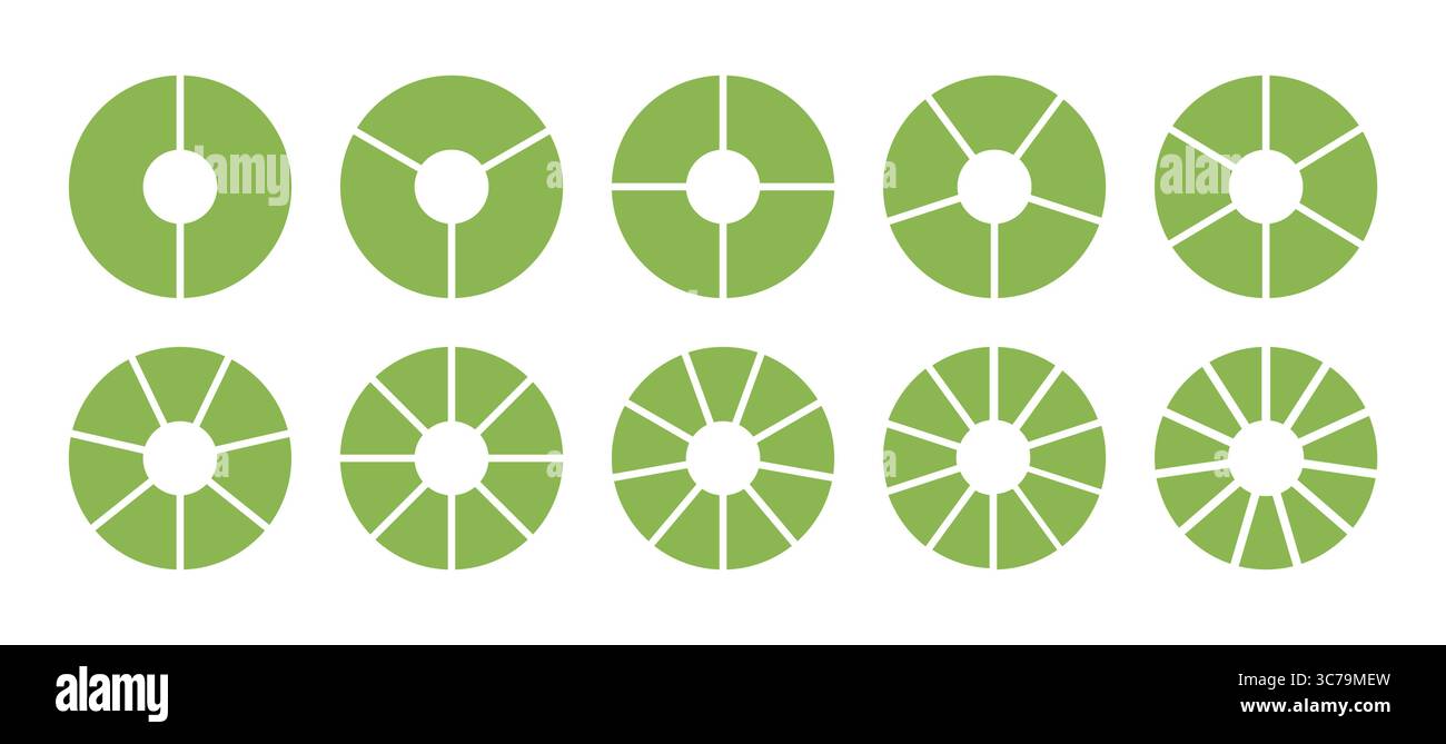 Division du cercle infographique sur de 2 à 11 parties égales. Ensemble de diagrammes verts divisés de roue avec deux, trois, quatre, cinq, six, sept, huit Illustration de Vecteur