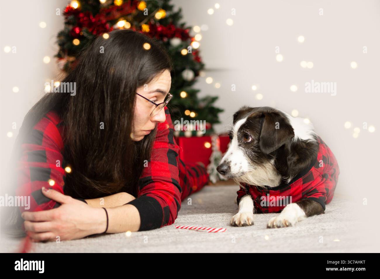 Femme et chien célébrant noël sur le tapis dans la chambre avec des décorations de Noël Banque D'Images