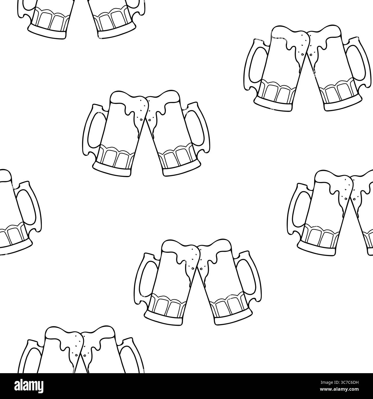 Modèle sans couture de bière. Griller des tasses à bière pleines avec une mousse. Dessin à la main graphique noir et blanc illustration vectorielle dans le style Doodle isolé sur Illustration de Vecteur