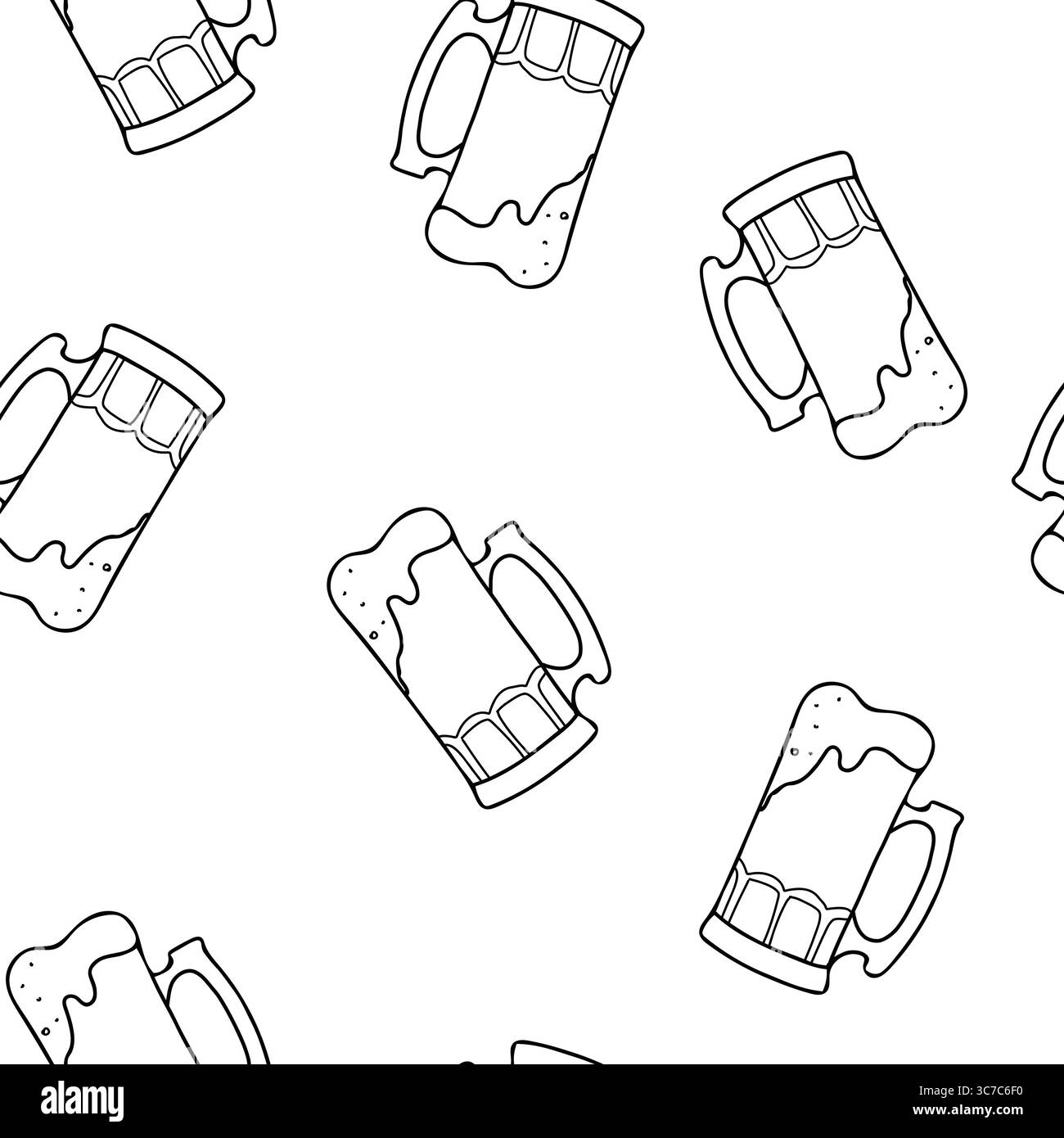 Modèle sans couture de bière. Tasses à bière pleines avec une mousse. Dessin à la main graphique noir et blanc illustration vectorielle dans le style Doodle isolé sur fond. Pour Illustration de Vecteur