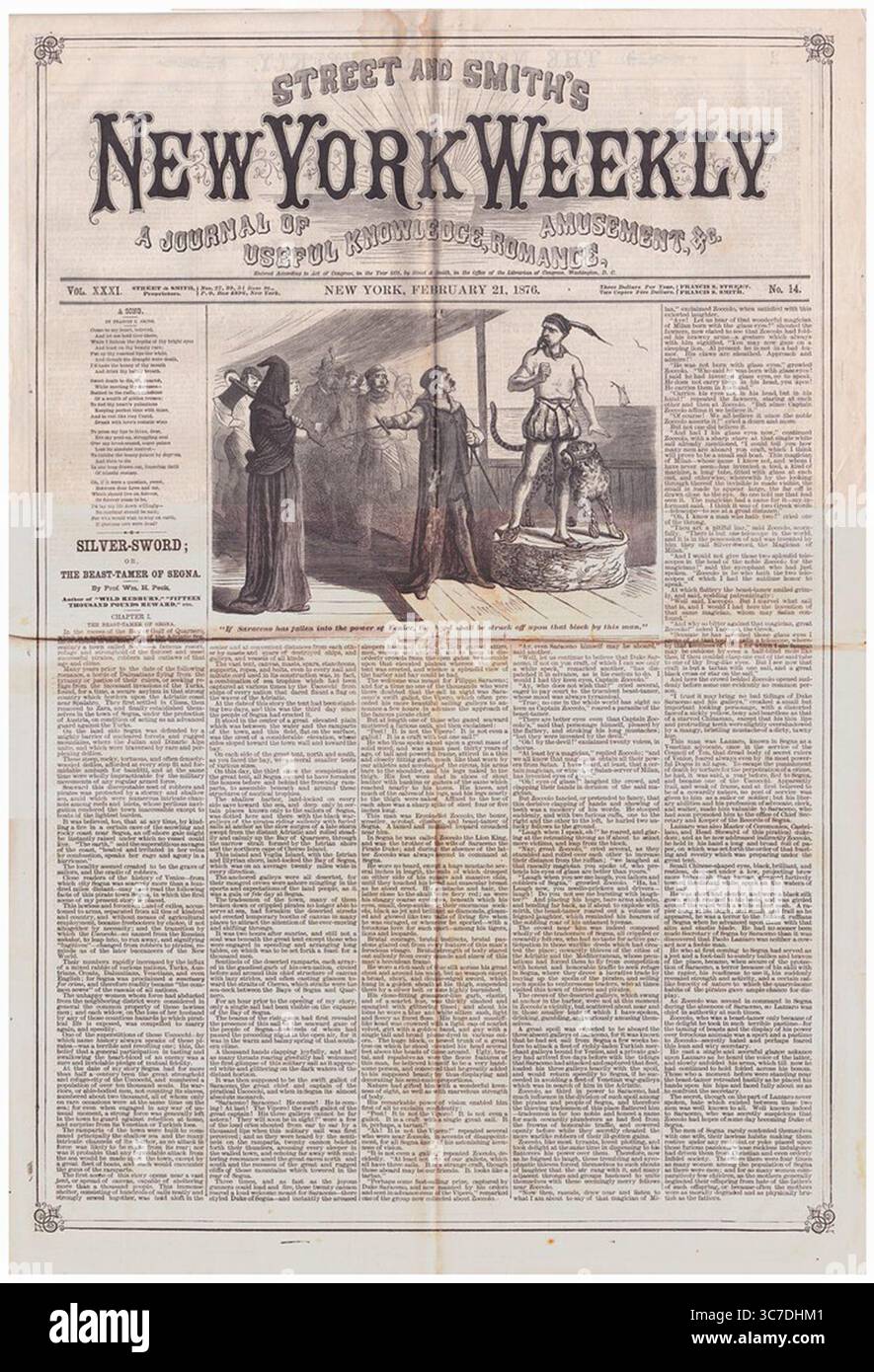 1876, 21 février ; couverture du journal The New York Weekly Story, vol. XXXI No. 14, épée d'argent ; ou, la Bête-Tamer de Segna par Professeur Wm. H. Peck. Banque D'Images