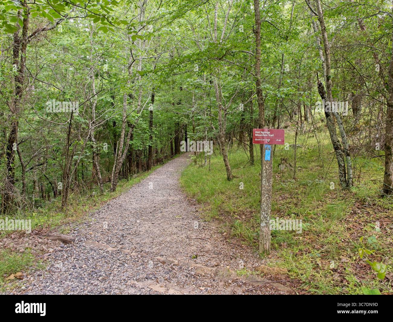 Sentier de randonnée et panneau et feu de signalisation sur la montagne Hot Springs dans le parc national de Hot Springs, Arkansas Banque D'Images