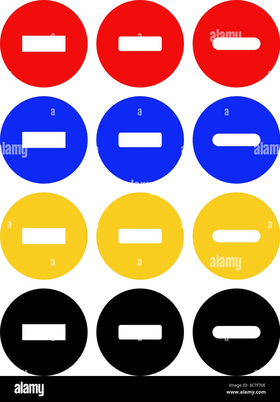 Un ensemble d'icônes de suppression circulaire vectorielle avec des signes moins en rouge, bleu, jaune et noir, avec plusieurs variantes de style pour les contrôles de navigation UI et UX Illustration de Vecteur