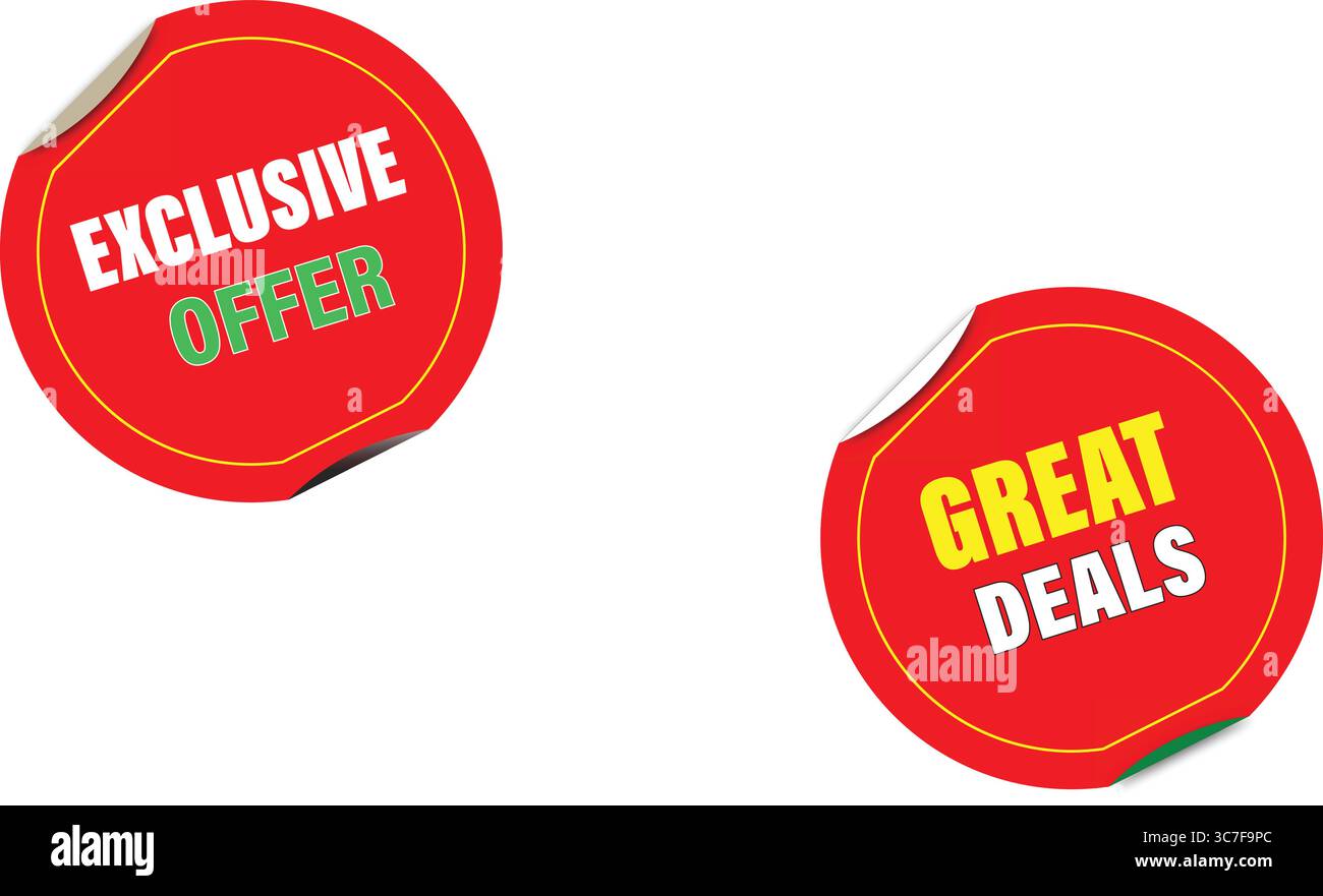 Offres exclusives accrocheuses et badges autocollants offres exceptionnelles en style vectoriel rouge pour les promotions de commerce électronique et les étiquettes de campagne de réduction Illustration de Vecteur