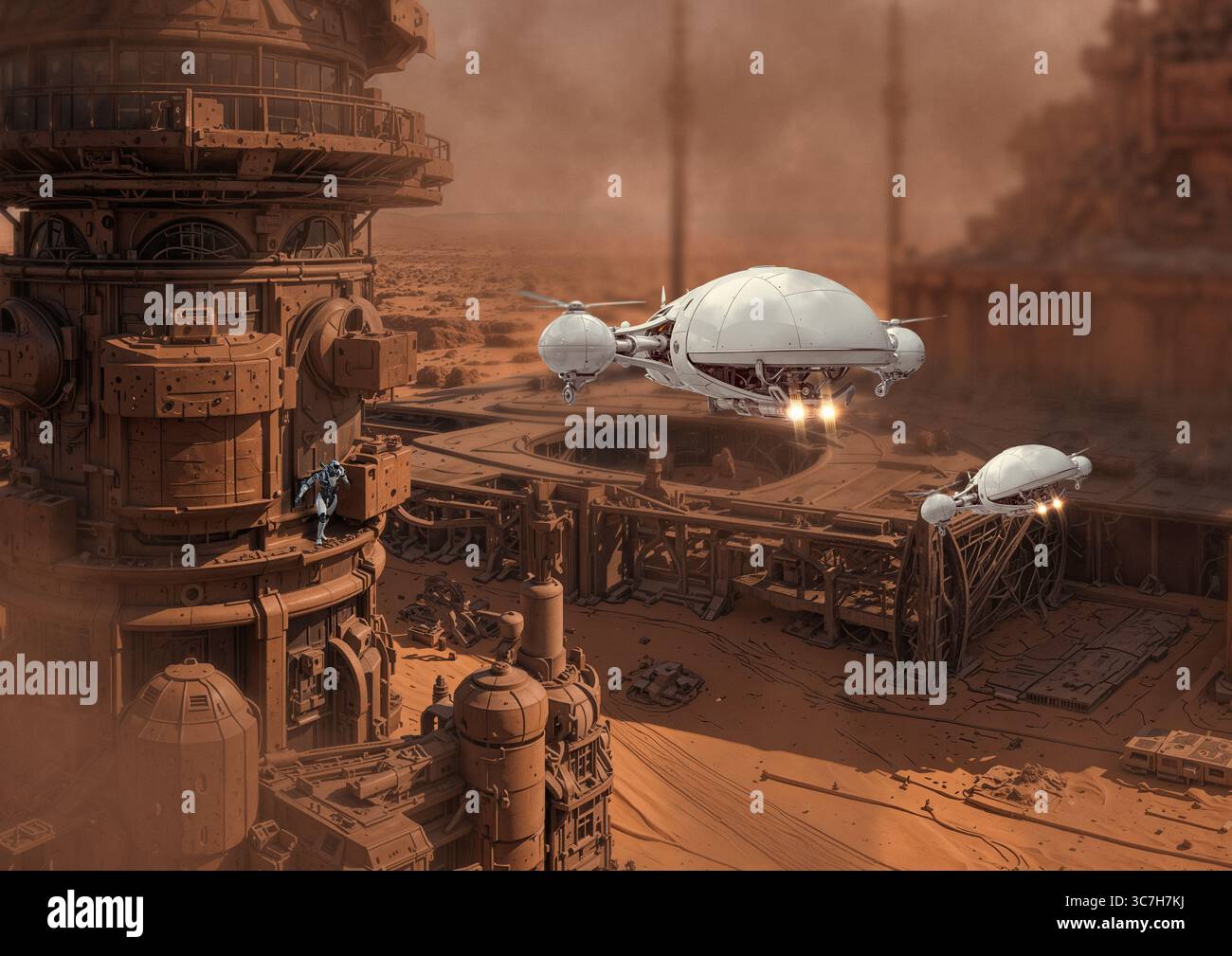 Illustration de drones volant dans une usine industrielle sur mars. Banque D'Images