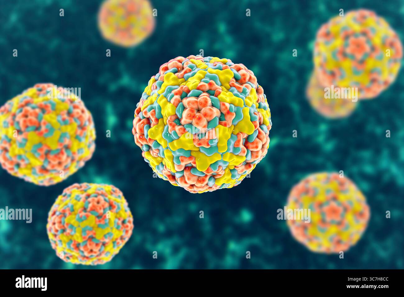 Illustration des entérovirus. Ce sont des virus à ARN (acide ribonucléique) sphériques et non enveloppés responsables de maladies comme la méningite et la myocardite. Banque D'Images
