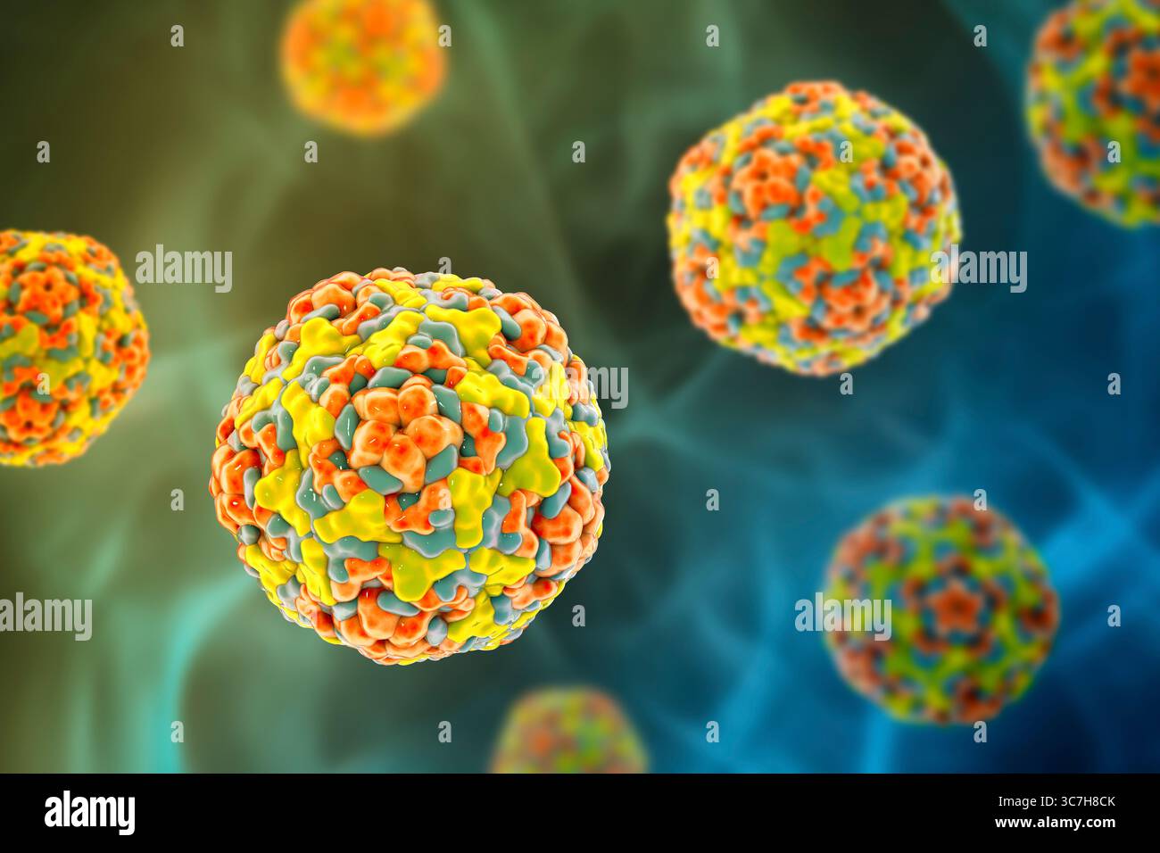 Illustration des entérovirus. Ce sont des virus à ARN (acide ribonucléique) sphériques et non enveloppés responsables de maladies comme la méningite et la myocardite. Banque D'Images