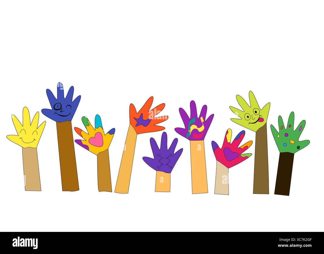 Illustration colorée de diverses mains levées d'une manière joyeuse et inclusive. Chaque main est unique, décorée de motifs différents Banque D'Images