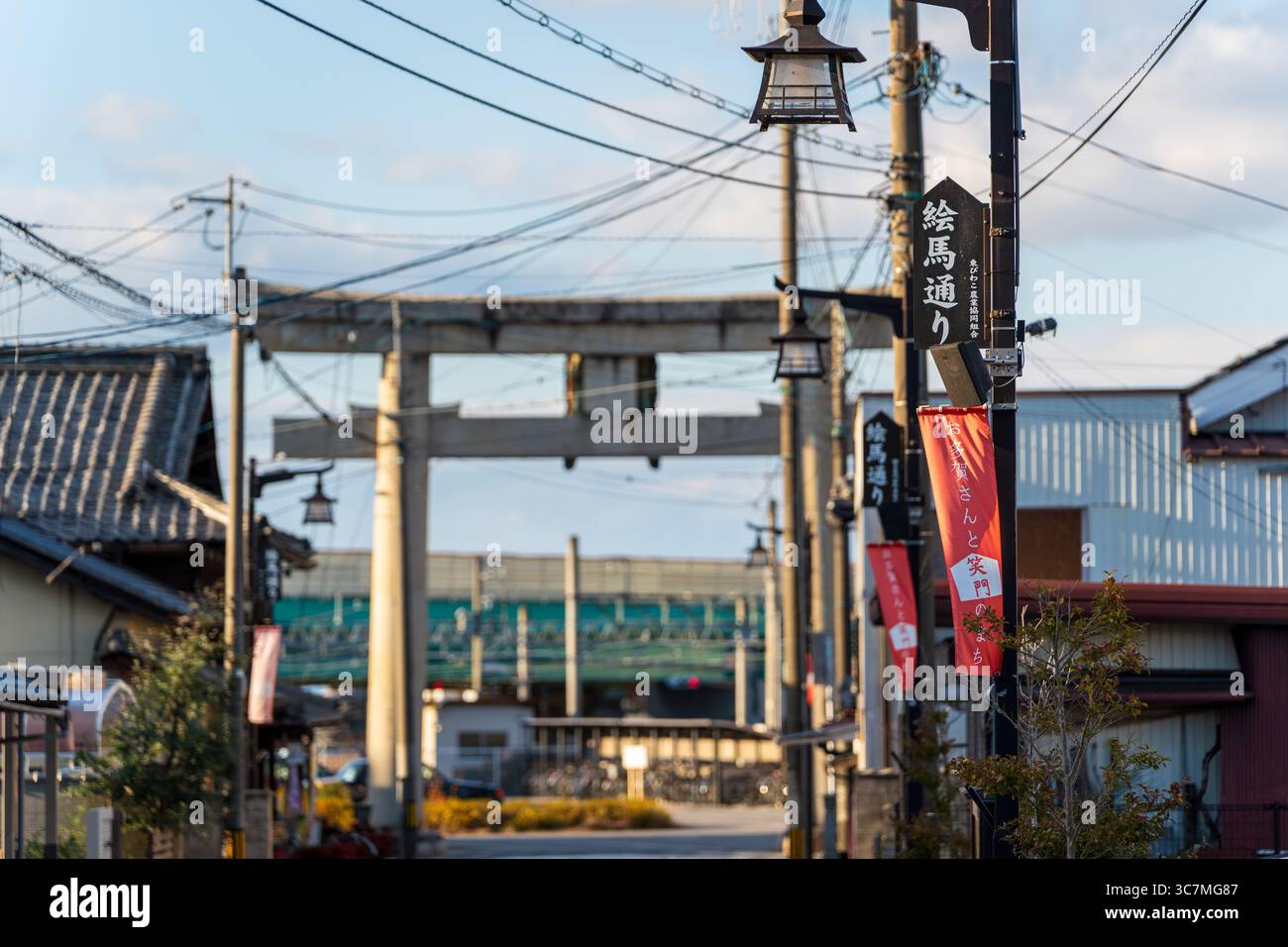 Taga, Shiga, Japon. Le traditionnel Ema-dori, l'approche principale (Omotesando) du Grand Sanctuaire Taga Taisha, bordé de vitrines historiques. Banque D'Images