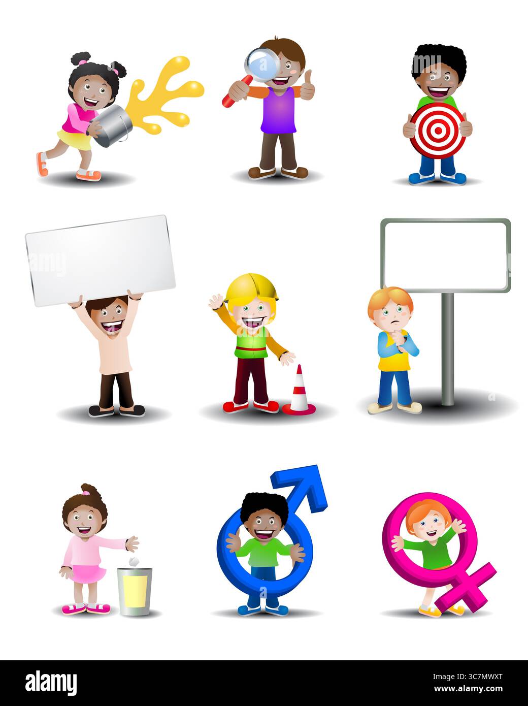 illustration d'une activité quotidienne multiculturelle pour enfants sur fond blanc isolé Banque D'Images