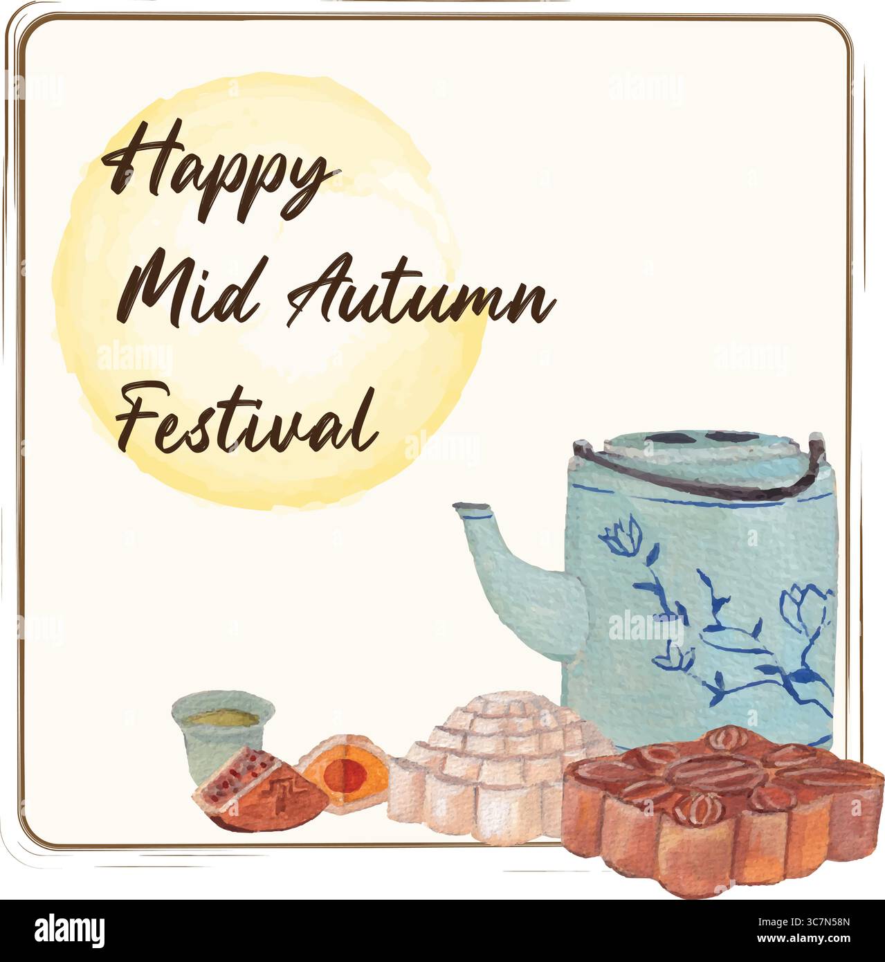 Bannière du festival de la mi-automne. Coups d'aquarelle, théière avec illustration de gâteaux de lune. Thème du patrimoine traditionnel oriental. Vietnam, Chinois, Taiwan Illustration de Vecteur