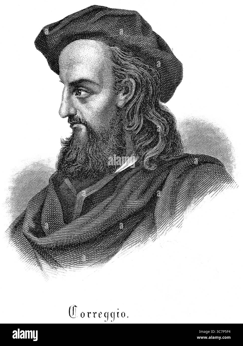 Antonio da Correggio (1489 -1534) peintre de la Renaissance italienne, cheveux longs, barbe complète, cape, coiffe de béret, lieu de naissance Corregio, maniérisme, preferenc Banque D'Images