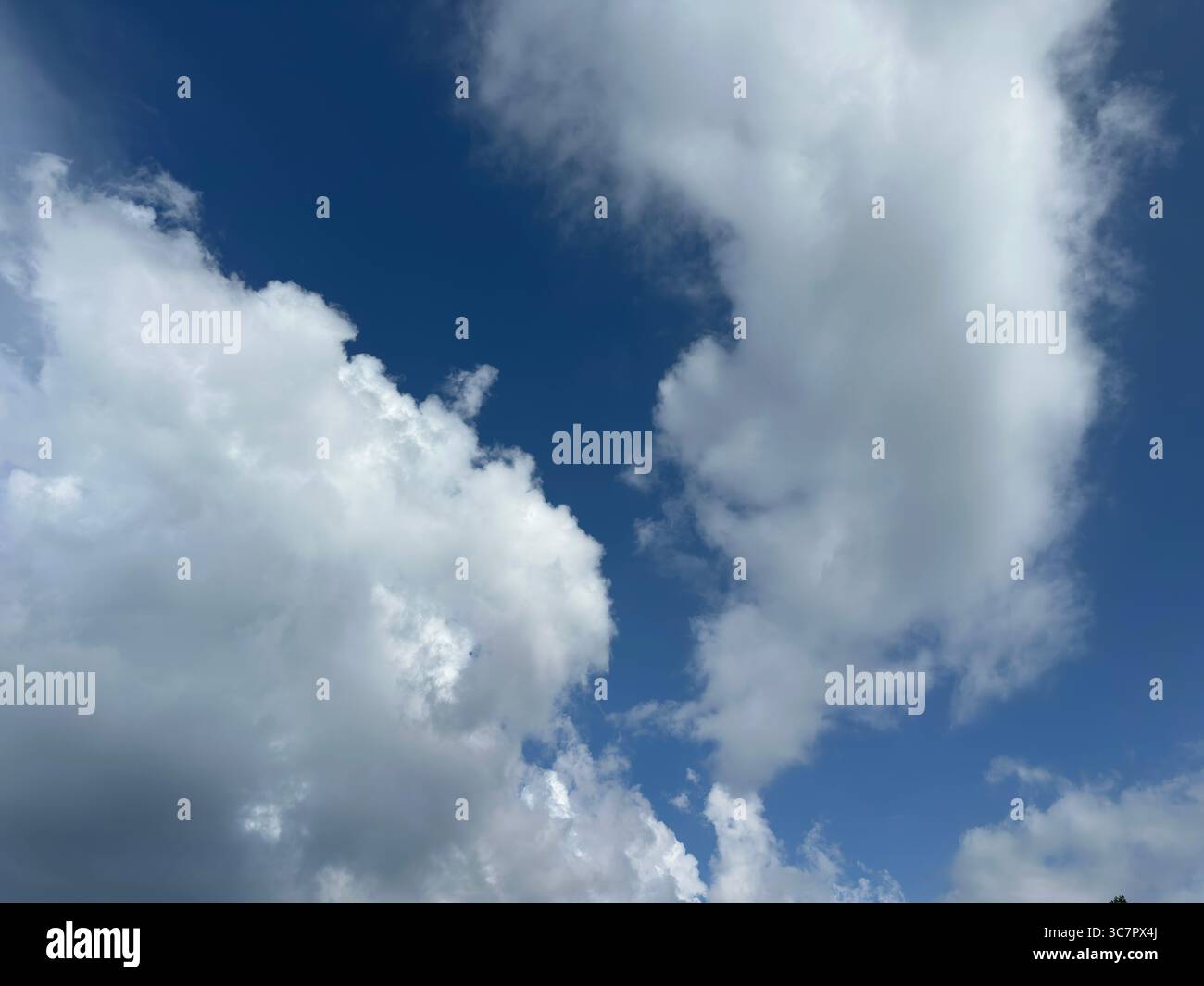 Le ciel est d'un bleu vif, rempli de nuages blancs gonflés par une journée ensoleillée. Banque D'Images