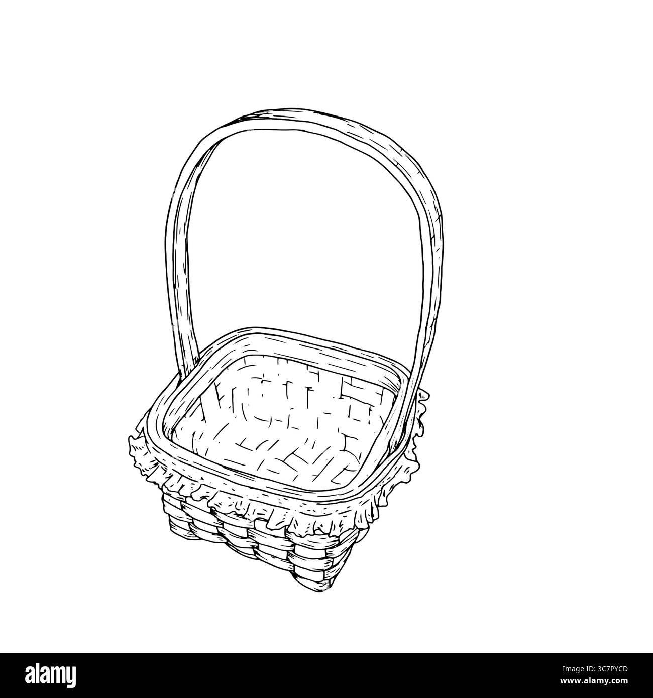 Panier en osier fait de vignes avec une poignée, croquis noir et blanc. Illustration vectorielle. Le panier classique pour la cueillette des champignons et la récolte d'automne est Illustration de Vecteur