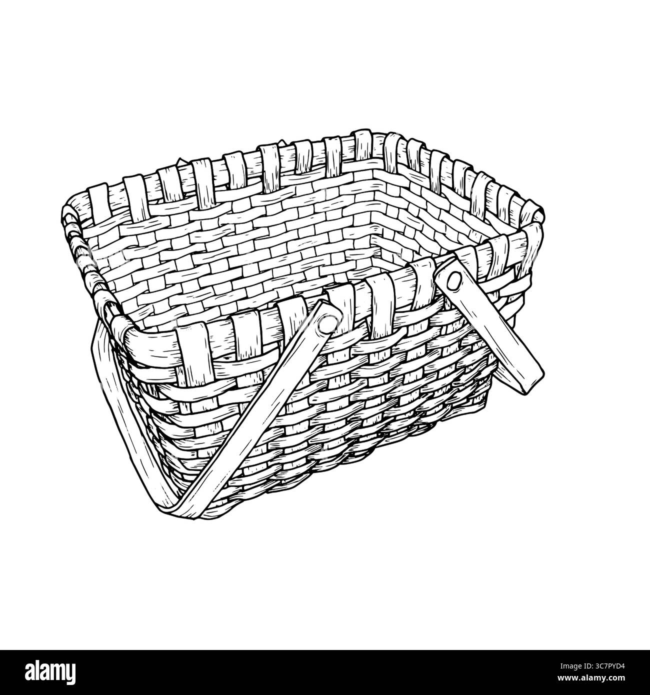 Panier en osier fait de vignes avec une poignée, croquis noir et blanc. Illustration vectorielle. Le panier classique pour la cueillette des champignons et la récolte d'automne est Illustration de Vecteur