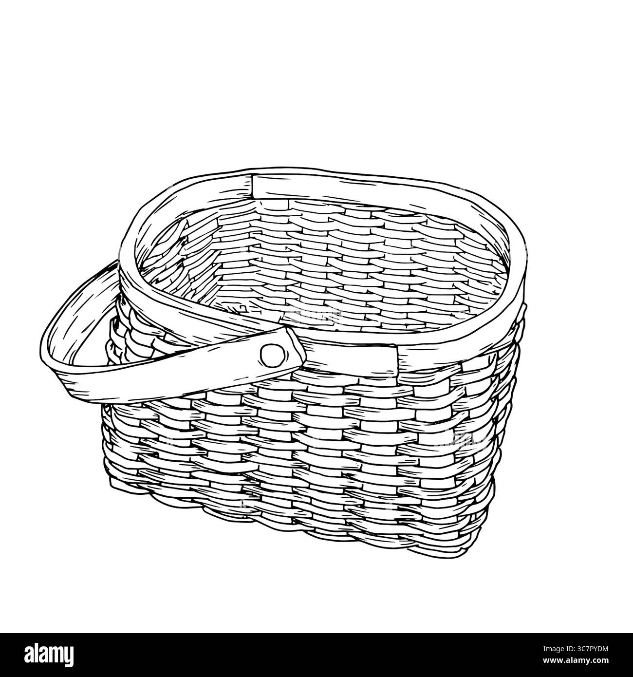 Panier en osier fait de vignes avec une poignée, croquis noir et blanc. Illustration vectorielle. Le panier classique pour la cueillette des champignons et la récolte d'automne est Illustration de Vecteur