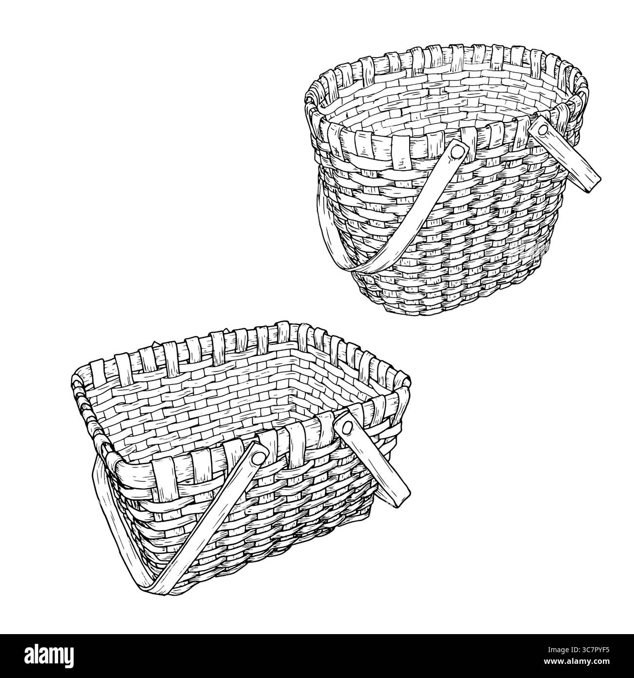 Un panier en osier fait de vignes avec une poignée, un ensemble de silhouettes noires et blanches. Illustration vectorielle. Esquisse un panier pour la cueillette des champignons et Illustration de Vecteur