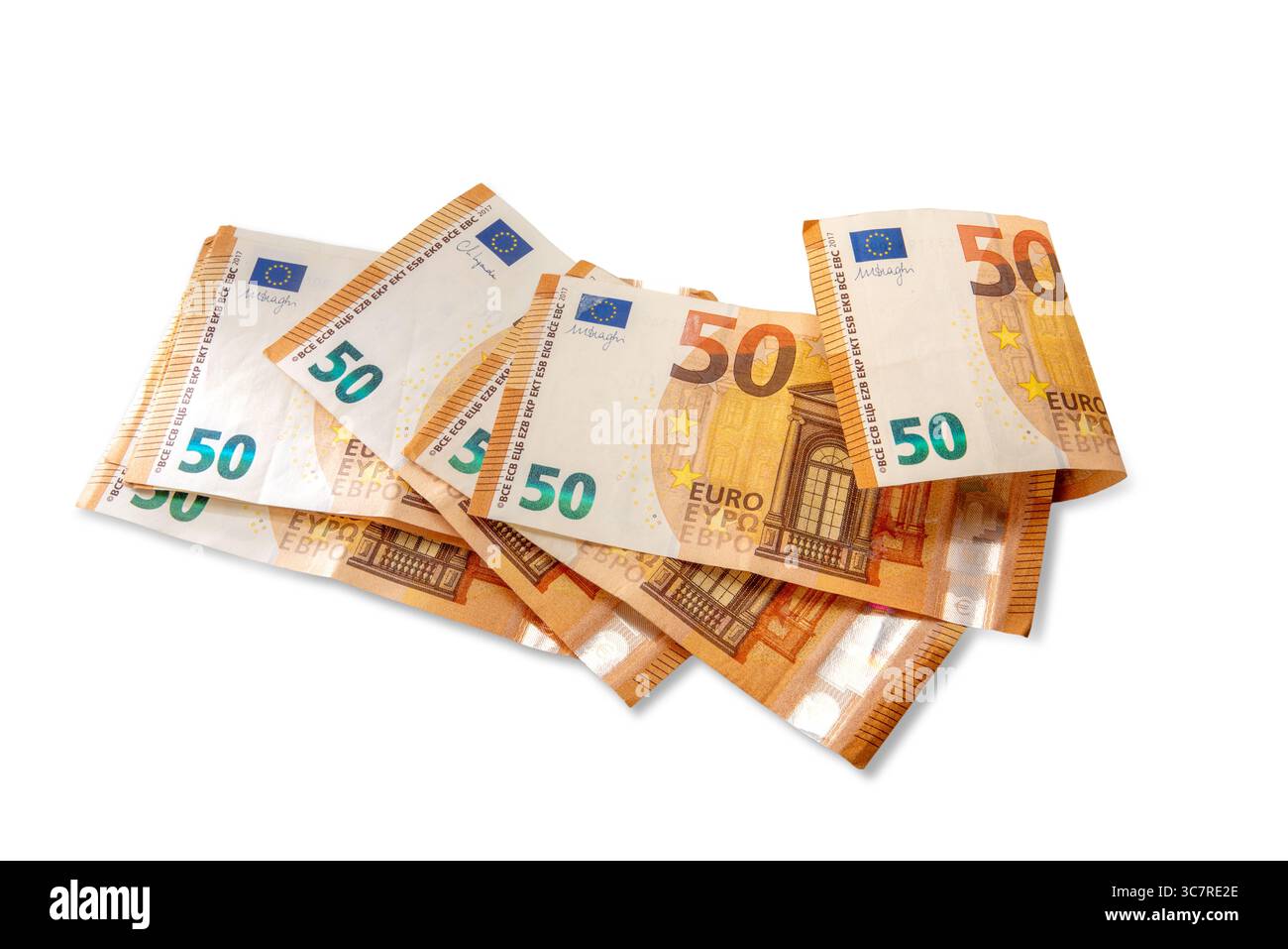 50 cinquante billets en euros en vue de dessus isolés sur fond blanc avec chemin de détourage inclus Banque D'Images