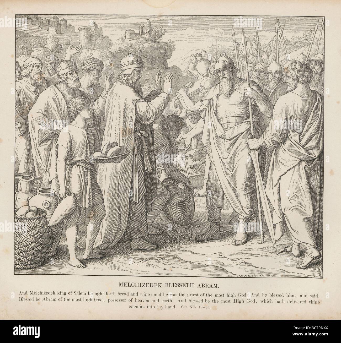 Histoire biblique, Melchizédek, prêtre-roi de Salem, bénit Abraham, reproduction améliorée numériquement d'une gravure sur bois de Julius Schnorr von Carolsfeld, historique, vers 1860, date exacte inconnue Banque D'Images