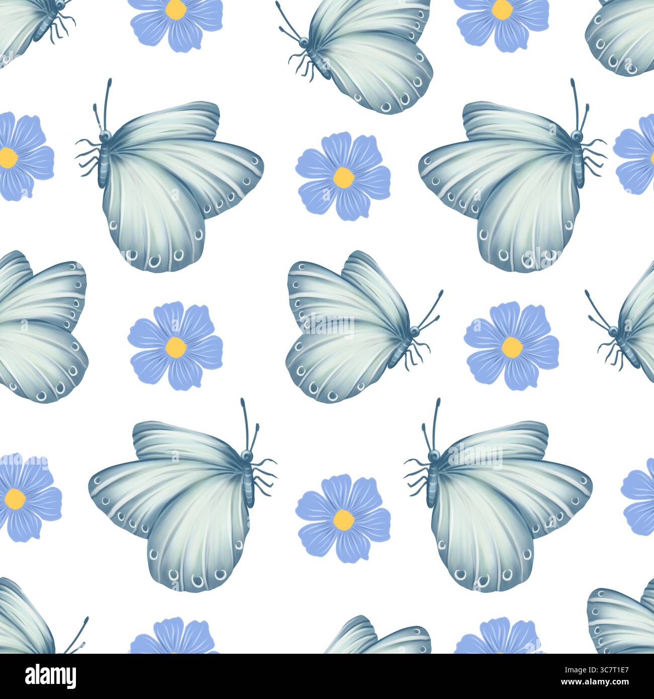 Modèle sans couture avec des papillons blancs délicats et des fleurs bleues douces dans le style aquarelle. Design doux et romantique parfait pour le printemps, bébé textil Banque D'Images