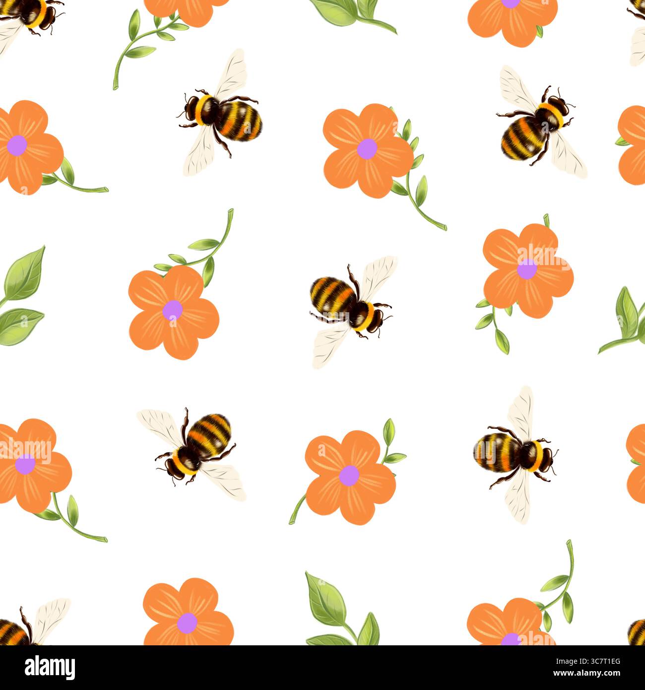 Motif aquarelle sans couture avec bourdons, fleurs orange et feuilles vertes. Design lumineux et gai, idéal pour les projets sur le thème du printemps et de l'été Banque D'Images