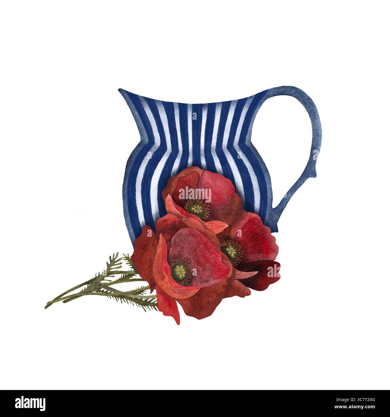 Illustration aquarelle d'un bouquet de coquelicots rouges couché devant un vase en céramique bleu et blanc sur un fond blanc. Rustique et charmant, parfait Banque D'Images