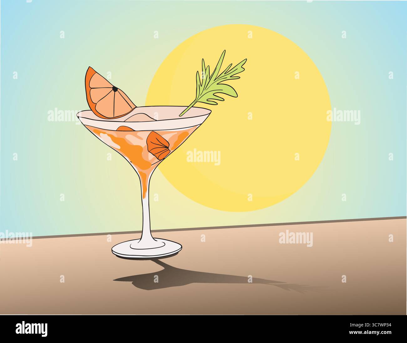 Cocktail d'orange avec tranche de pamplemousse et herbes garnissant reposant sur une surface au coucher du soleil Illustration de Vecteur