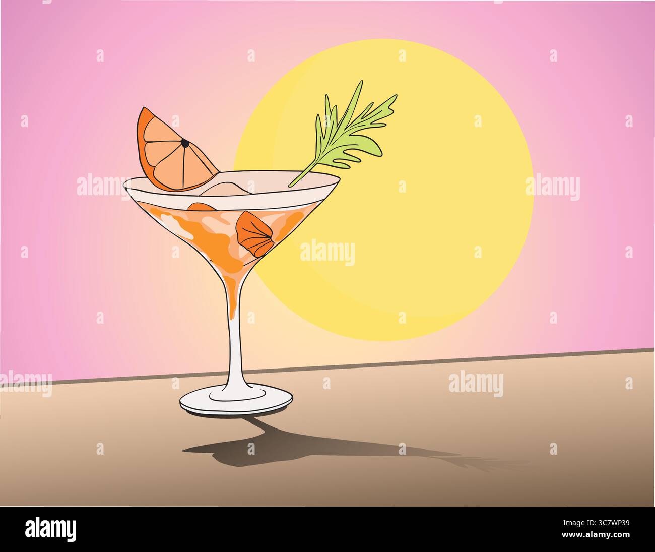 Cocktail d'orange avec tranche de pamplemousse et herbes garnissant reposant sur une surface au coucher du soleil Illustration de Vecteur