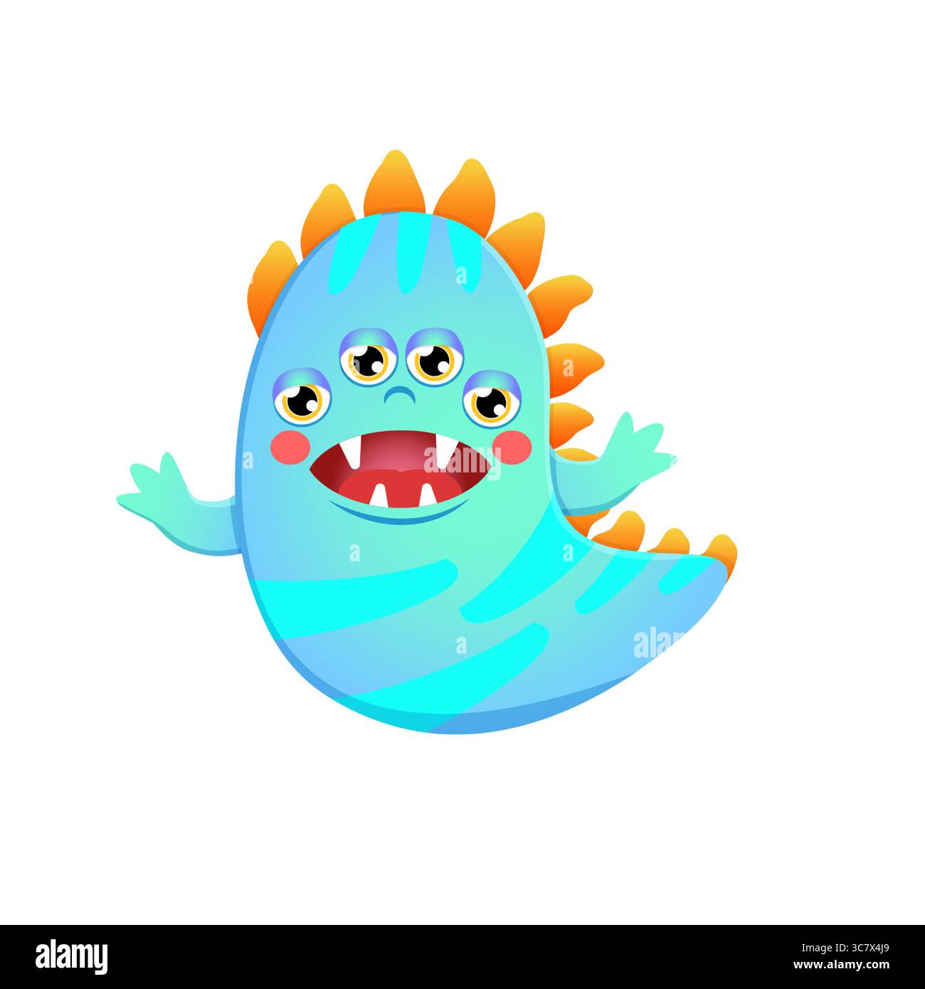 Monstre de dessin animé coloré avec quatre yeux et des pointes orange sur fond blanc Illustration de Vecteur